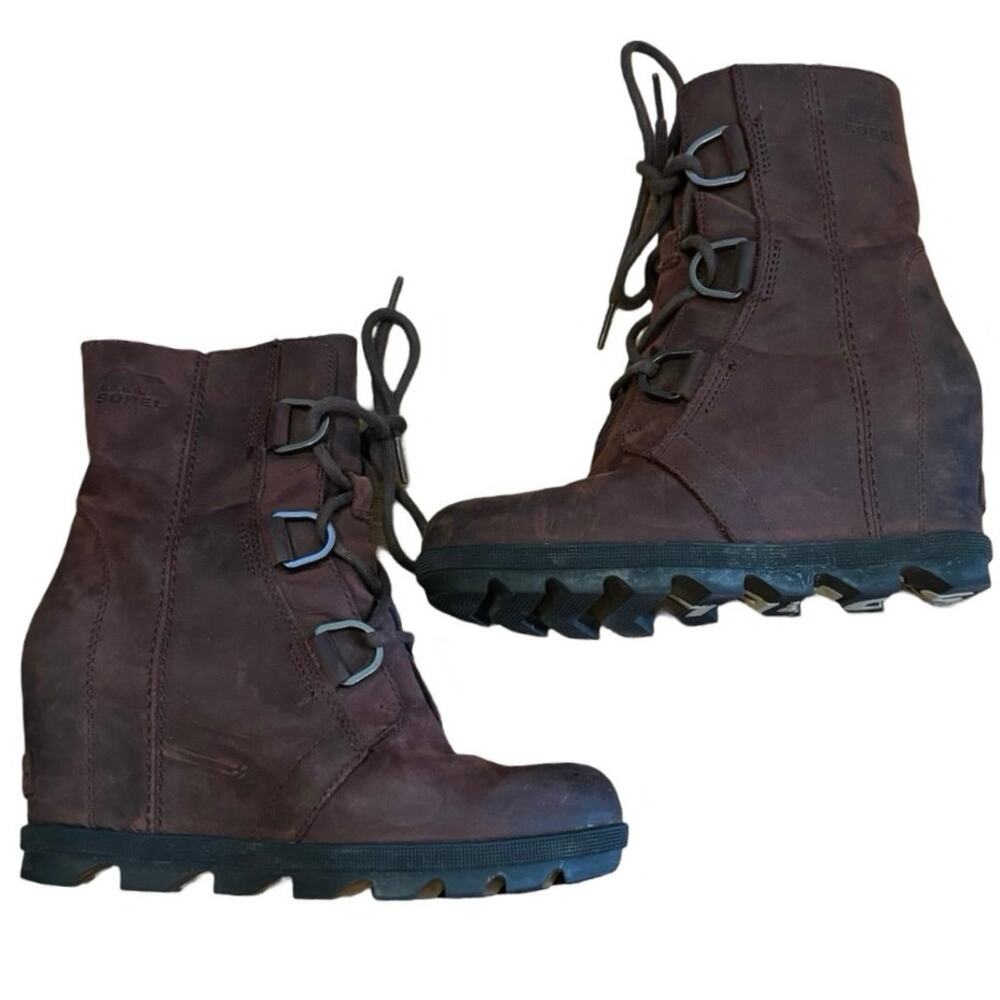 SOREL Joan of Artic Woman's Pull On Lace Up Suede Wedge Boots Sz 6 Cattail shoes - Picture 2 of 8